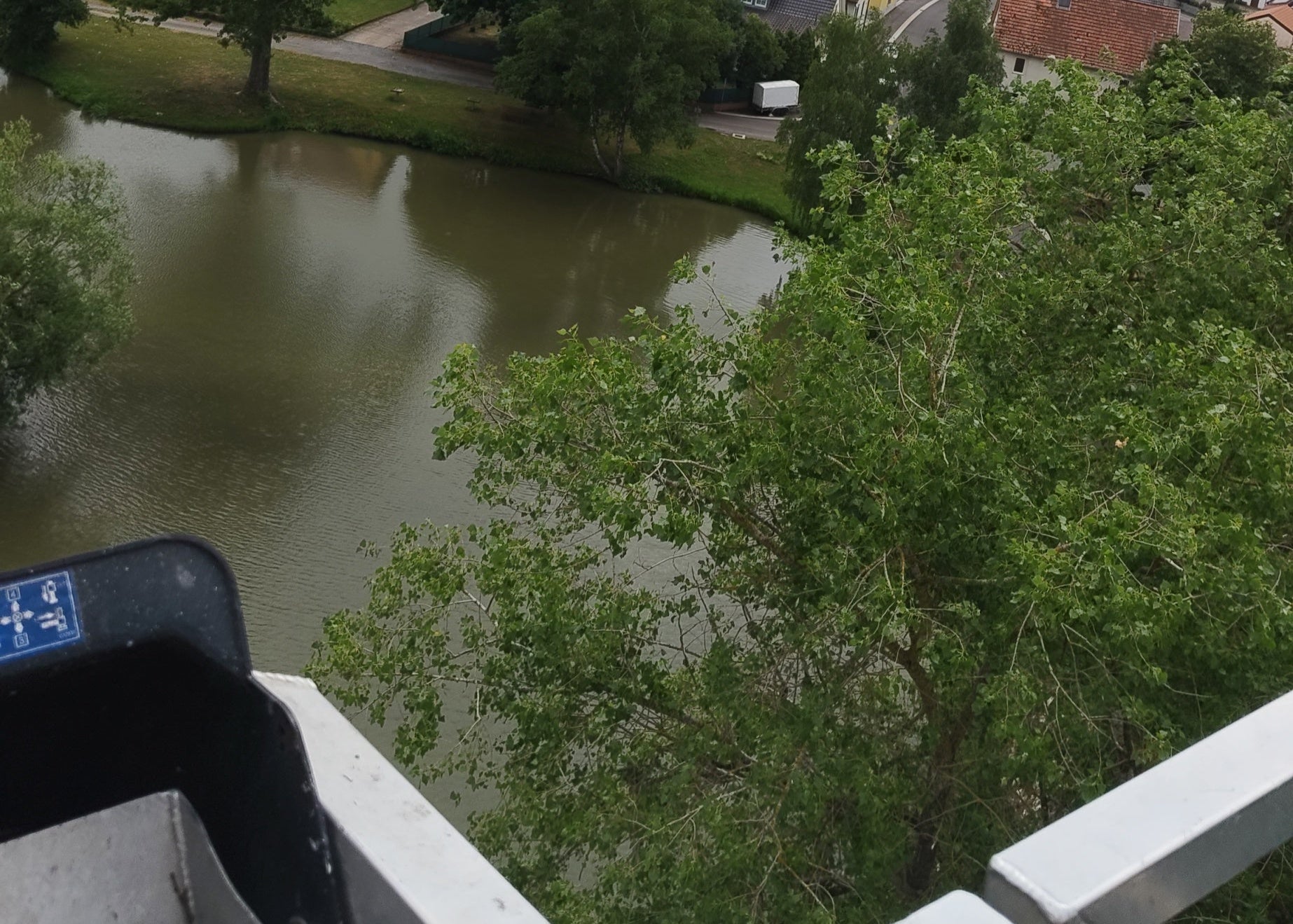 Entfernung eines Kronenabbruchs an einer Pappel mit Hebebühne – sichere und fachgerechte Baumpflege.